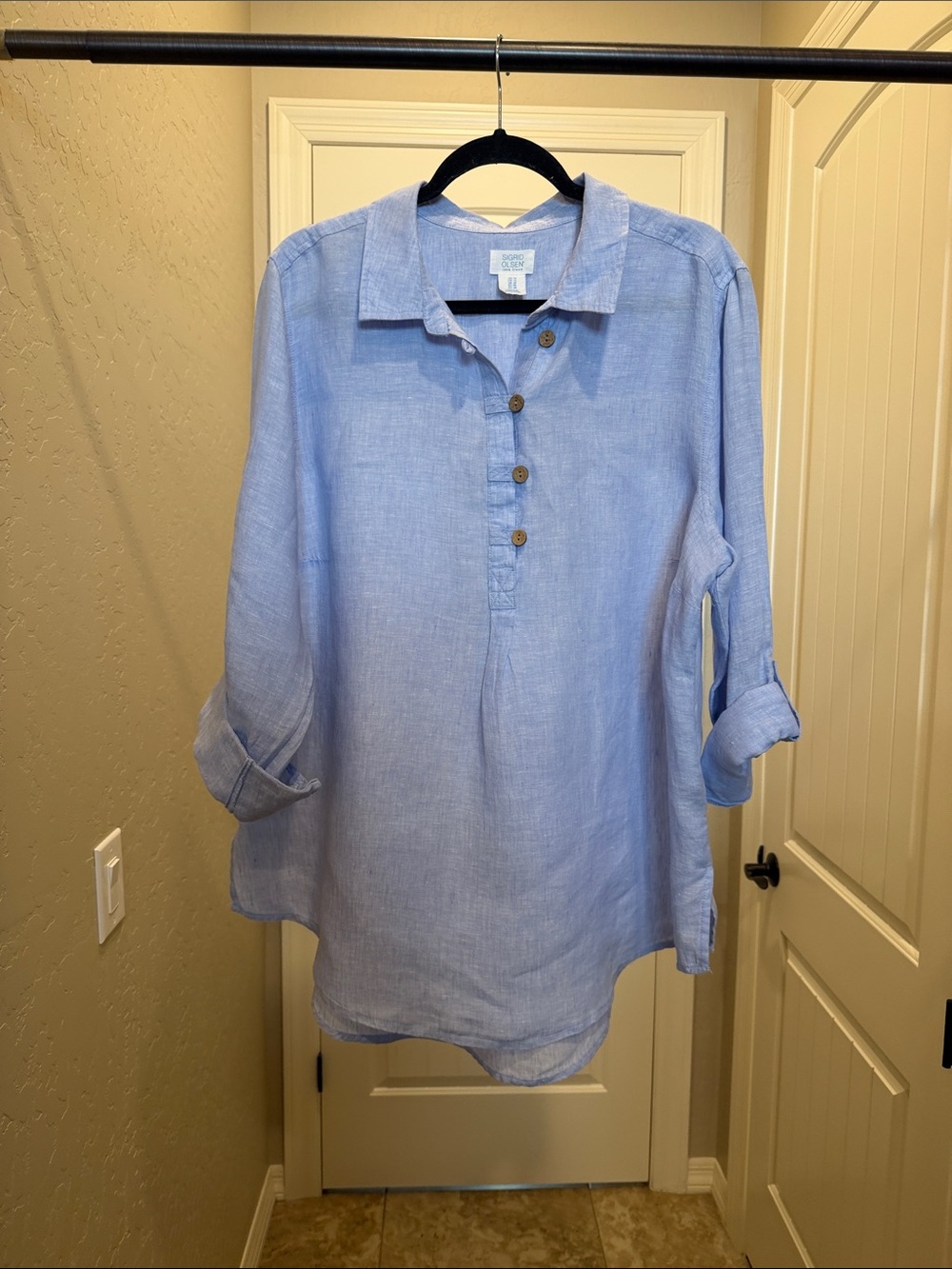Sigrid Olsen Light Blue Linen Button-Placket Tunic